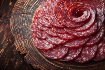 Wall Mural - A close-up of thinly sliced salami arranged in a spiral pattern on a rustic wooden table