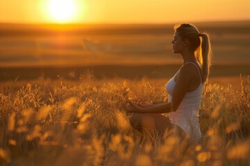 Wall Mural - A woman practicing deep breathing exercises in a field of tall grass during sunrise with soft golden light