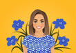 Young beautiful woman portrait isolated on yellow background with blue flowers vector illustration