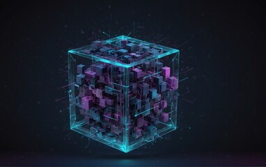 Wall Mural - abstract digital data cube in technology futuristic wireframe style. isometric polygonal 3d box in l