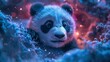 Playful panda cub peeking through a rift in spacetime, cosmic lights dancing, photorealistic  ,high resulution,clean sharp focus