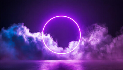 Wall Mural - Purple neon light round frame in clouds with copy space. 3D rendering. Abstract background.