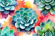 Beautiful colourful succulent watercolour painting, flower postcard