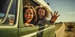 Happy couple of young tourists driving a camper, waving their hands out the window. Generative AI.