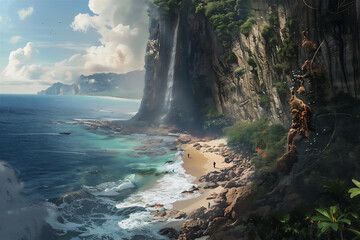 Wall Mural - view of the coast of the ocean with waterfall