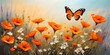 delicate wildflowers and orange butterflies painted with oil paints