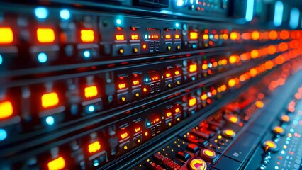 Futuristic server room with bright lights. Data center concept