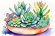 Beautiful colourful succulent plants in pot, watercolour painting on white background, flower postcard
