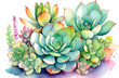 Beautiful colourful succulent plants bouquet, watercolour painting on white background, flower postcard