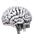 human brain model attached to wires, artificial mind and mind uploading concept