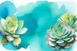 Beautiful succulent plants on turquoise background, watercolour painting, space for text, flower postcard