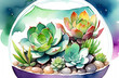 Beautiful colourful succulent plants in glass pot, watercolour painting on white background, flower postcard
