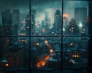 Canvas Print - Rainy Urban Cityscape Through Wet Window Pane with Glowing Lights