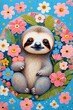Cute sloth with flowers 
