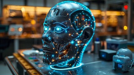 Aufkleber - A robot head on a table on a computer screen in a future science lab. Robot. A robot with artificial intelligence or cyborg technology. Interface on a touch screen.