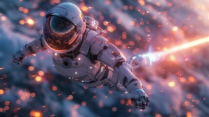 Wall Mural - A flying robot or cyborg woman in a superhero iron suit. Robotic girl in armor lands on the skyline of a futuristic city. A superhero with jetpack rocket engine rises to the sky.