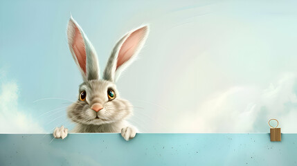 Wall Mural - Vector easter rabbit, bunny, hare looking out over a poster on a pastel background 