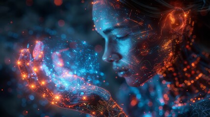 Fototapete - The neural network in image cyborg woman training on datum. Computer learning conceptual illustration. Software developer training artificial intelligence. Digital technology art. Robot with