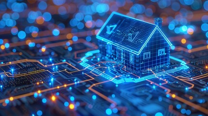 Fototapete - Concept banner for smart home technology system. Digital control system of smart house. IOT and cloud computing technologies.