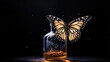 illustration of a glass bubble with magic pollen and a butterfly flying nearby. a yellow butterfly flutters near a bottle with a magic potion