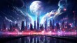 Futuristic city at night with full moon. 3d rendering