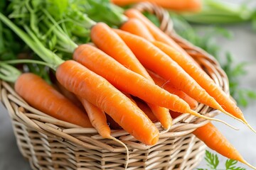 Wall Mural - Wicker basket with fresh organic carrots on white background