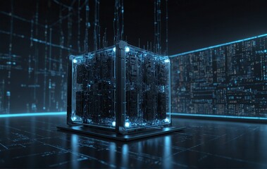 Wall Mural - quantum computer architecture. futuristic smart grid and global connectivity concept. blue tech back