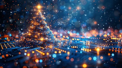 Fototapete - This template is for New Year and Happy Christmas cards in the style of new technology. Christmas tree on printed circuit board 2023 year. Snowfall from electronic pulses and signals.