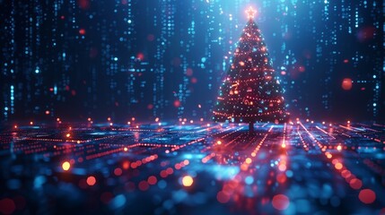 Poster - Isometric christmas tree with decoration balls. Fintech technology charts hanging in cyberspace. Digital business congratulations card.