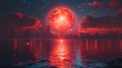 Aufkleber - Digital neon color future city 80s technology background. Silhouette of city on horizon. Retro futuristic cityscape.