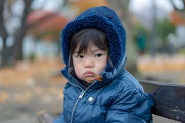 Wall Mural - portrait of a sad child girl sitting on a bench in a park