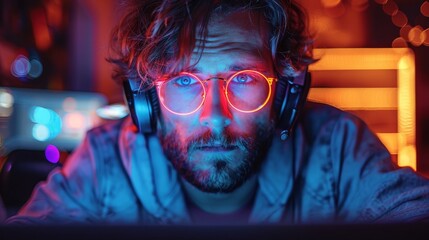 Poster - An individual working on laptop in a darkened room with neon lights. Computing entertainment. Laptop hacker, games programmer, or video gamer in darkened room.