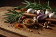 Various spices, rosemary, allspice, garlic, oil and salt on a wooden board, rustic kitchen background. Video blog concept. Very realistic, 8k quality, hyper realistic, ultra realism