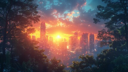 Aufkleber - The smart city of the future from the forest. The skyscrapers made of glass in the morning rays and in the evening light. Cute futuristic urban landscape with clear skies.