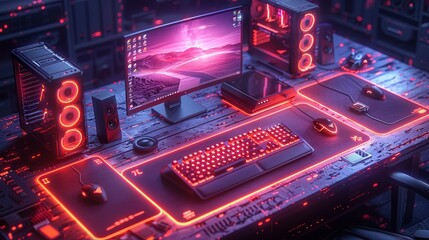 Canvas Print - The gaming PC computer glows in the dark. Isometric illustration of modern computer case, monitor, keyboard, and system box. Neon lights of electronic parts of computer system box.