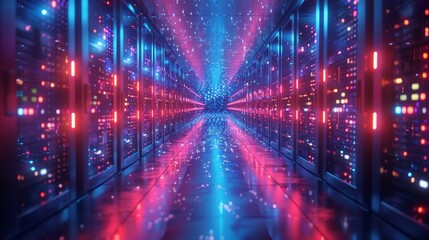 Aufkleber - An abstract interior design of a server room in a data center. Digital electronic equipment hanging over the floor. Data spheres hanging over the floor in the digital cyberspace.