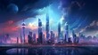 Futuristic city panorama with skyscrapers and high-rise buildings.