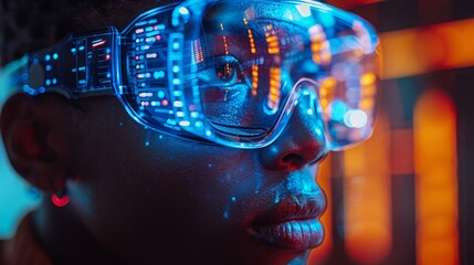 Wall Mural - A man is wearing a headset coding a program in Virtual Reality interface. A software developer is coding a program in a programming environment. A man is working in a futuristic computer technology