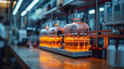 Aufkleber - Engineering 3D printer. 3D printing, prototyping in industry. Orange glass shell of 3D printer with plastic model. Plastic bottles near 3D printer.