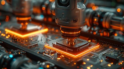 Aufkleber - Robotic arms on assembly lines manufacturing circuit boards with chips, CPUs, and electronic components. Technology electronic manufacturing of circuit boards.