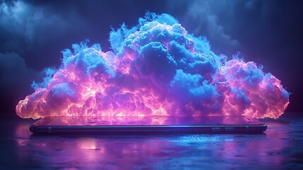 Leinwandbilder - An image of a cloud over a screen of a smart phone. The cloud computing background concept. Uploading information to the internet via your smartphone. Your smartphone synchronizes information with