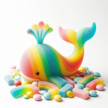 A Whale Made Of Pastel Color Rainbow Gummy Candy On A White Background