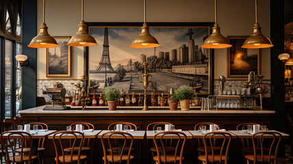 Wall Mural - A bar and restaurant with a lot of seating and a lot of light