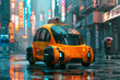 Futuristic taxi cab on the street. Yellow self driving electric minibus