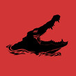 black silhouette of a crocodile bobbing in the water on a red background