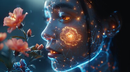 Poster - Artificial intelligence in humanoid head by handing artificial robotic flower. Future concept. Computer neural network learning the world. Industry 4.