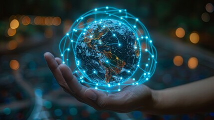 Fototapete - In this model, there is a robotic arm interacting with the 3D Earth on the center of a HUD screen and artificial intelligence controls the global network. Robot hand pointing at earth in cyber space.