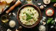 On a rustic kitchen table, steaming mushroom risotto is adorned with grated parmesan cheese and herbs, creating a tantalizing centerpiece amidst a backdrop of cooking ingredients.