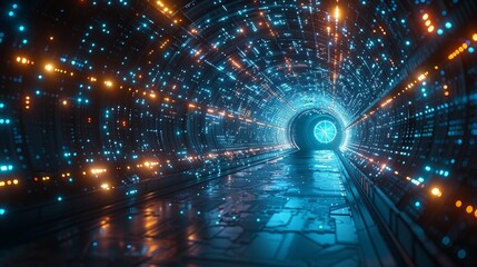 Aufkleber - An abstract door in a tunnel with digital data center light signals. Future computer technology concept of a cyber gate in cyberspace or metaverse. Elegant cyber door or portal in a data center. Tech