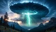 An epic digital painting envisions a massive alien storm cloud unleashing a powerful beam over a rugged mountain range, sparking a sense of awe and science fiction intrigue.
